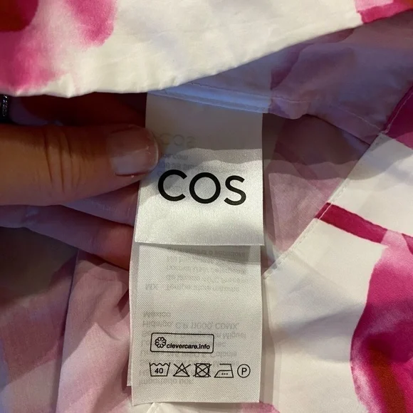 COS Women’s Puff Sleeve Printed Dress Pink Size 10 Barbiecore Flowy Shirt Dress - Picture 7 of 8